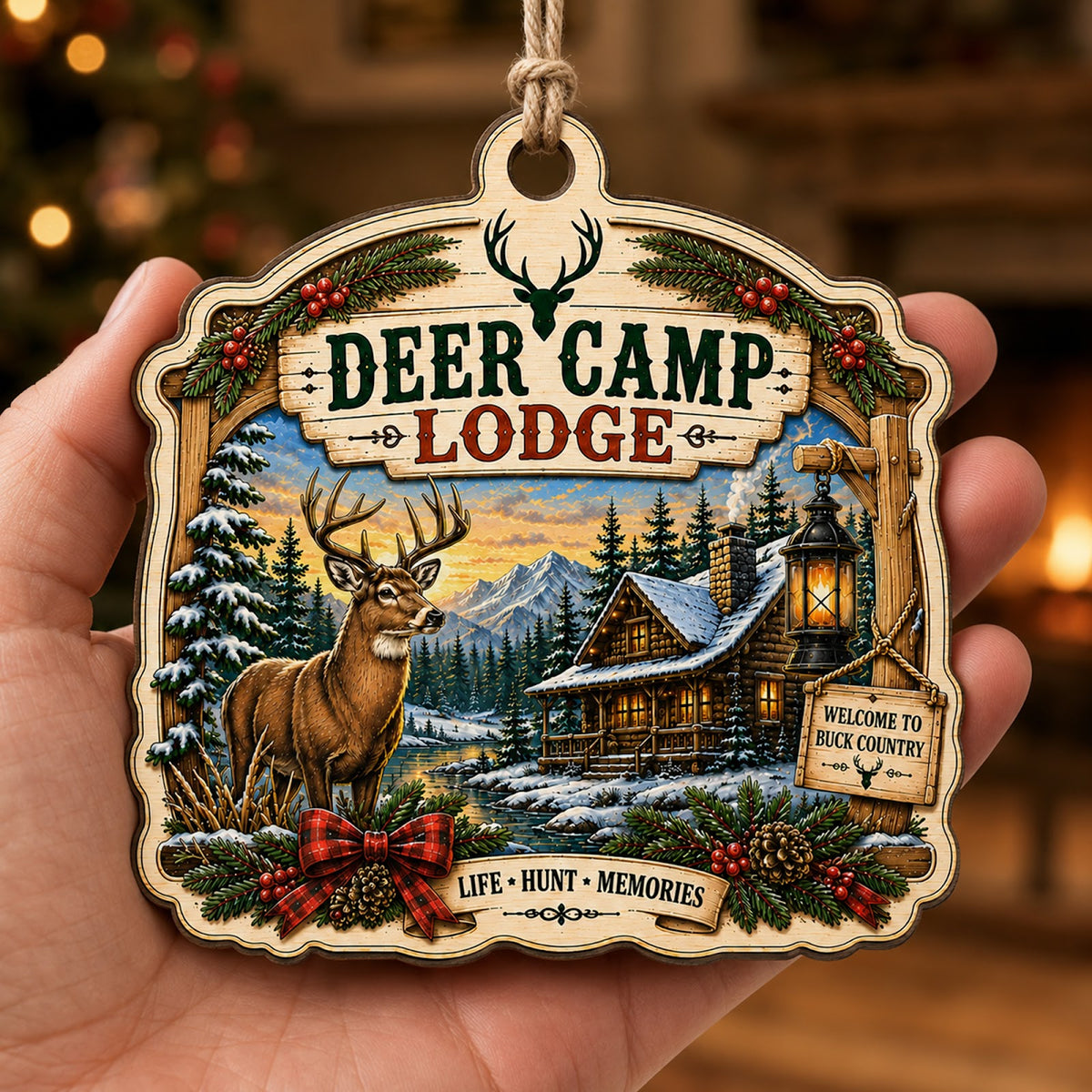Deer Camp Hunting Hunter Buck Christmas Ornament, Buck Season Keepsake, Wood Tree Decoration