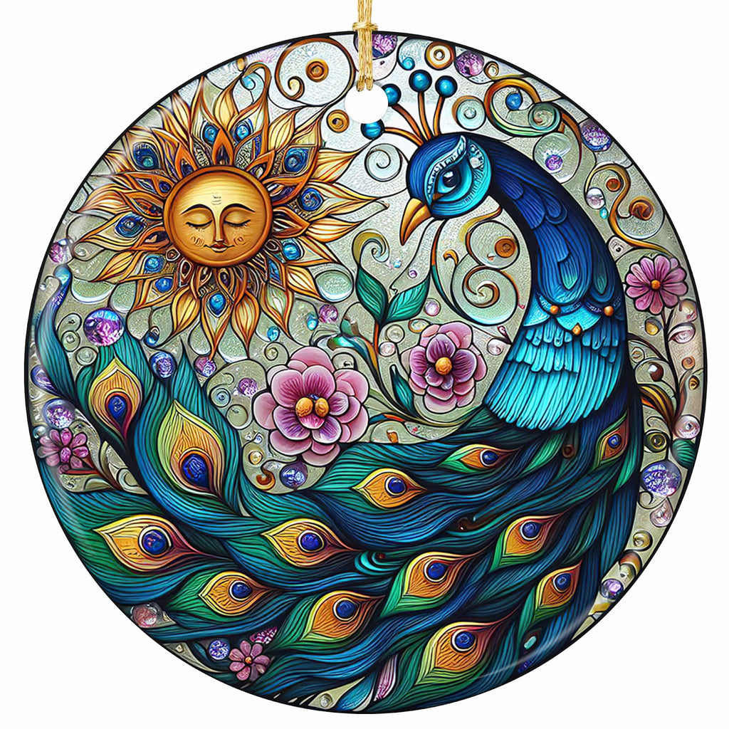 Electric Blue Peacock Fanning Eye Feathers Beside a Sleeping Golden Sun Among Pink Cosmos. Ceramic Keepsake.