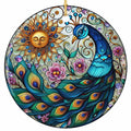 Electric Blue Peacock Fanning Eye Feathers Beside a Sleeping Golden Sun Among Pink Cosmos. Ceramic Keepsake.