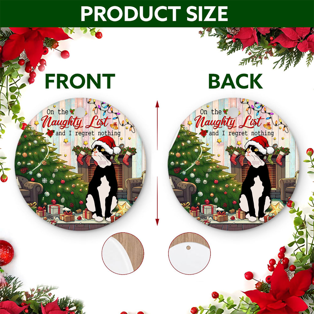 Cat Christmas Ornament, Naughty List Tuxedo Cat Gift, Ceramic Hanging Tree Decoration