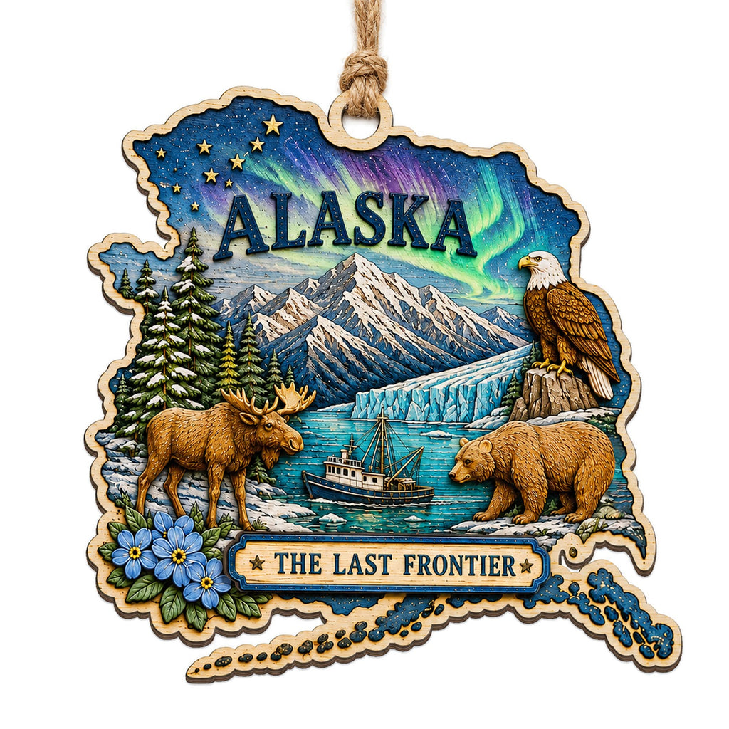 Aurora Over a Glacier With Bald Eagle, Grizzly and Denali. Laser Cut Wood Keepsake for Wilderness Travelers.