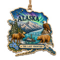 Aurora Over a Glacier With Bald Eagle, Grizzly and Denali. Laser Cut Wood Keepsake for Wilderness Travelers.