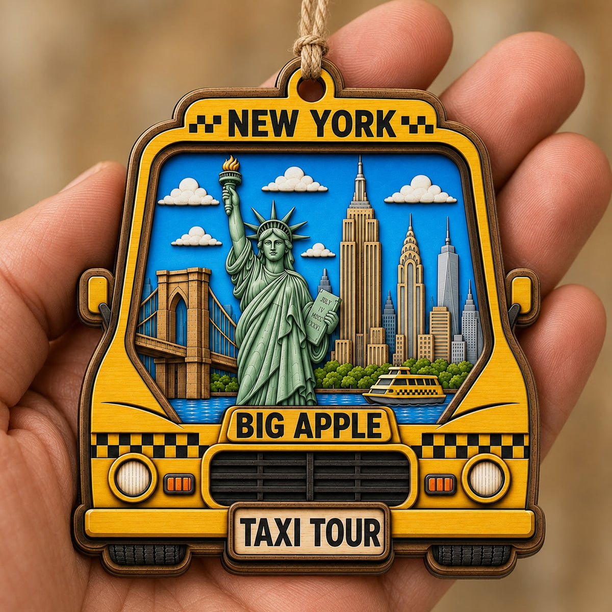 New York Taxi Christmas Ornament, NYC Yellow Cab Souvenir Gift, Wood Hanging Tree Decoration