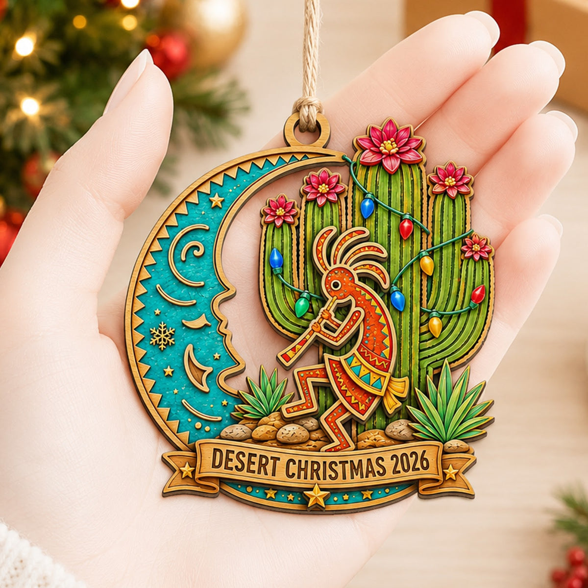 Southwest Desert Cactus Boho Christmas Ornament, Desert Southwest Keepsake, Wood Ornament