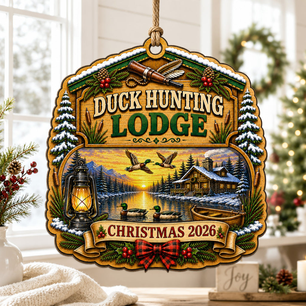 Duck Lodge Hunter Hunting Dog Christmas Ornament, Waterfowl Lodge Keepsake, Wood Ornament