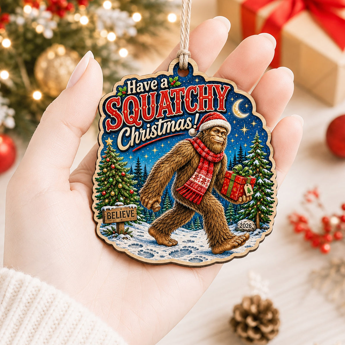 Bigfoot Squatchy Sasquatch Christmas Ornament, Stocking Stuffer For Bigfoot Fan, Wood Ornament