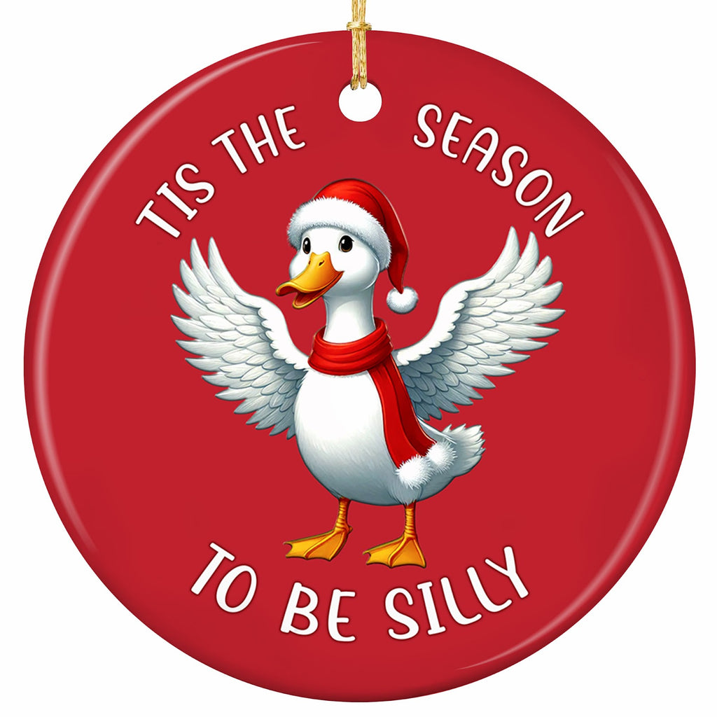 A Wing-Spread Duck in a Santa Hat and Long Fur-Trimmed Scarf on Bright Red. Ceramic Keepsake for Duck Fans.