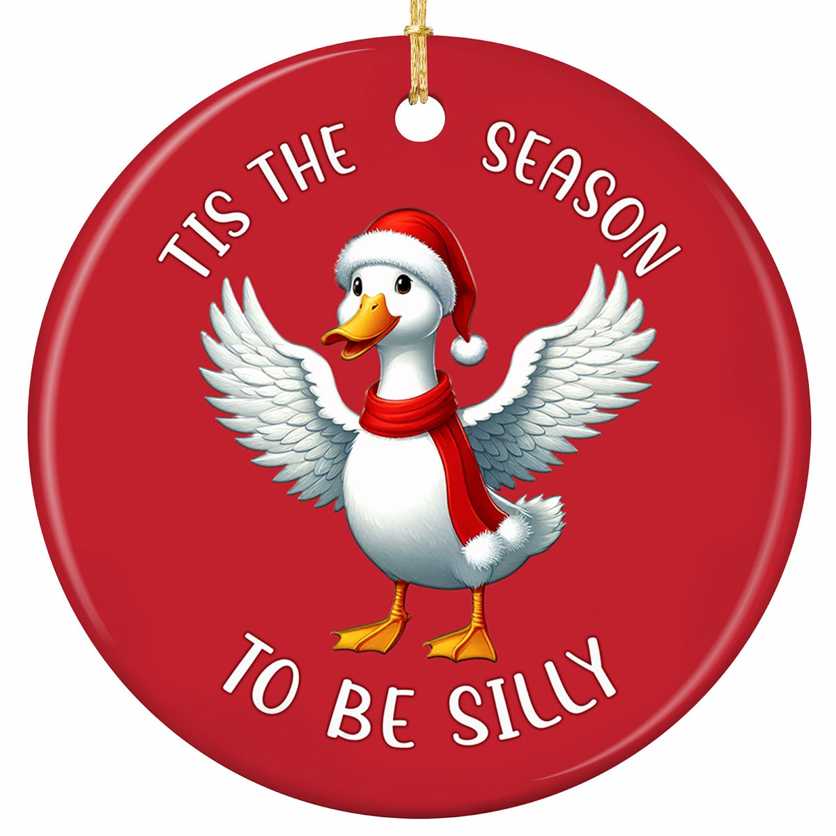 A Wing-Spread Duck in a Santa Hat and Long Fur-Trimmed Scarf on Bright Red. Ceramic Keepsake for Duck Fans.