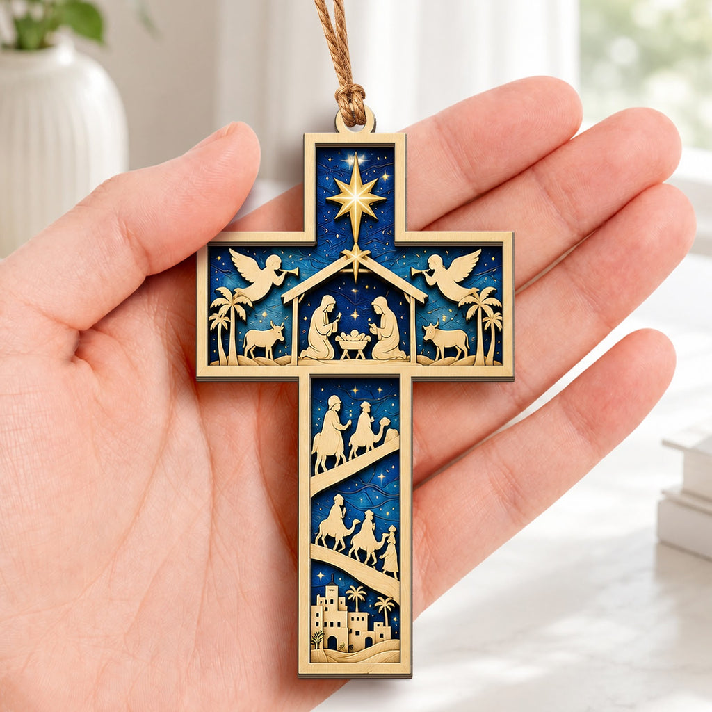 Nativity Cross Christmas Ornament, Religious Holiday Gift, Wood Hanging Tree Decoration