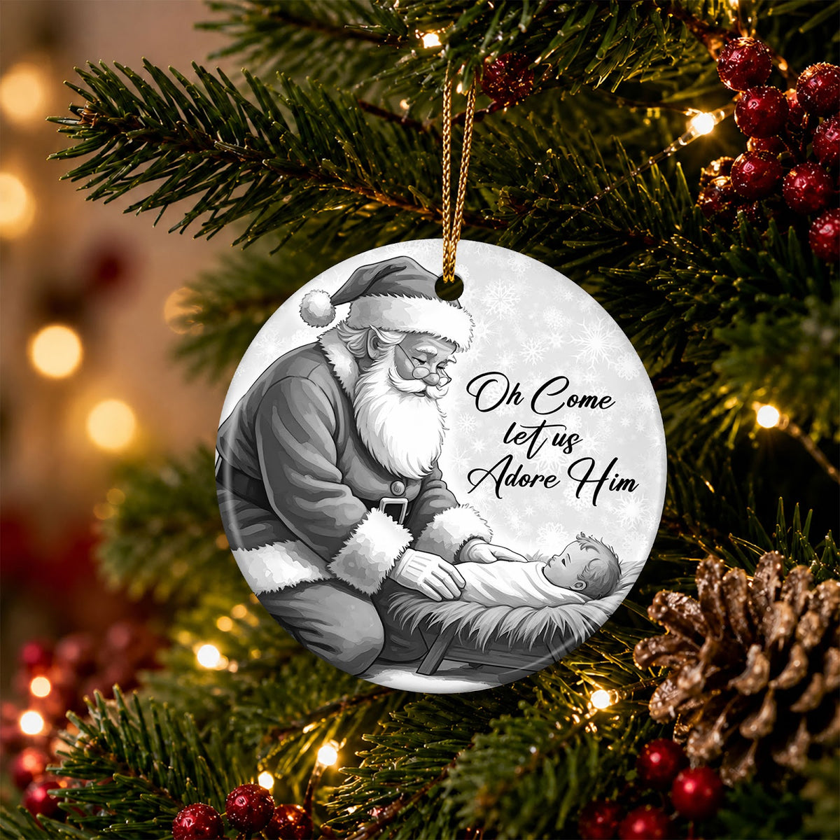 Kneeling Santa Christmas Ornament, Adore Him Nativity Keepsake, Ceramic Hanging Tree Decoration