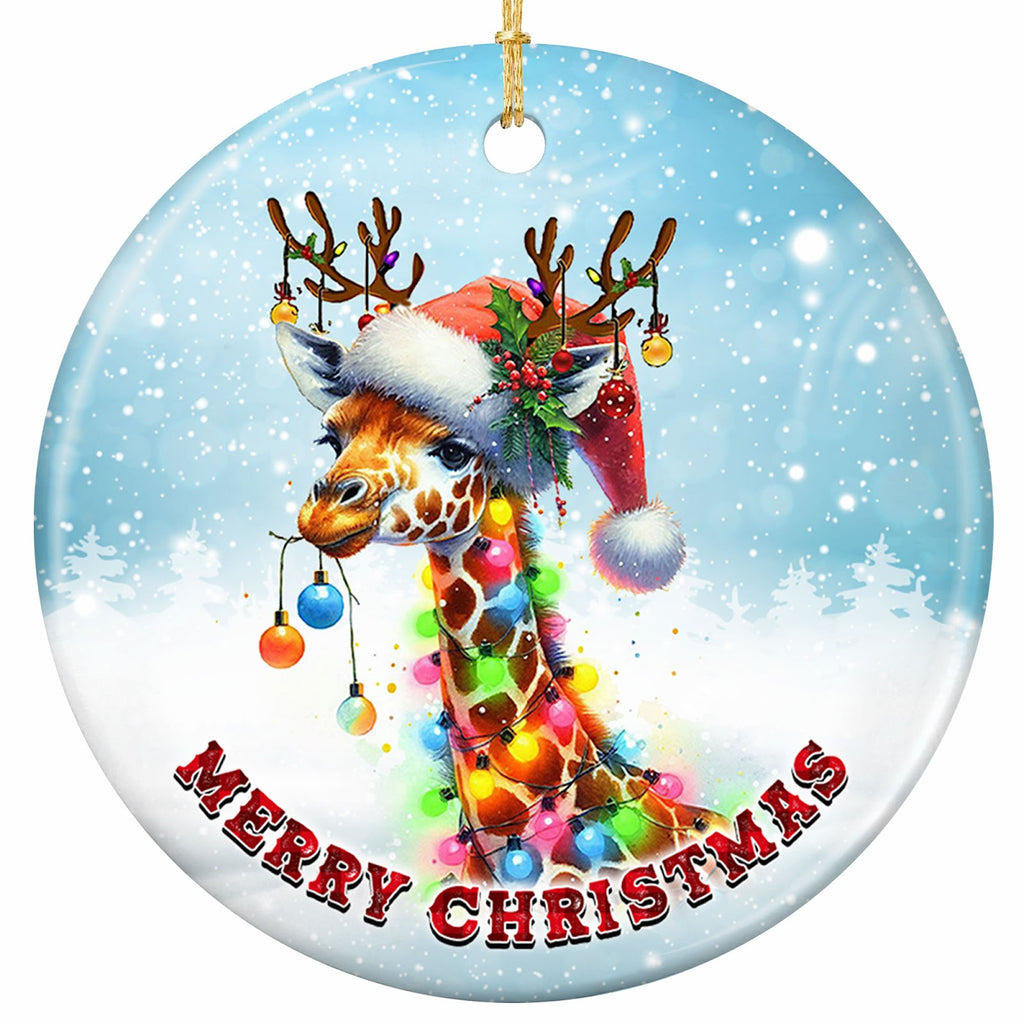 A Watercolour Giraffe in a Holly-Trimmed Santa Hat With Baubles Dangling From Its Antlers. Ceramic Keepsake.