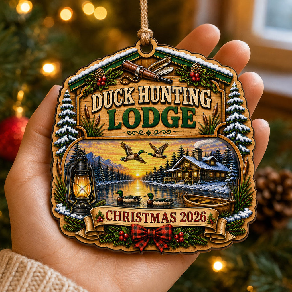Duck Lodge Hunter Hunting Dog Christmas Ornament, Waterfowl Lodge Keepsake, Wood Ornament