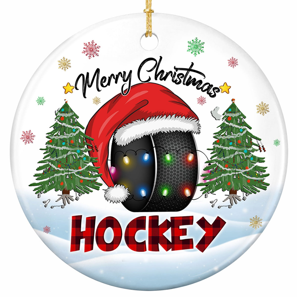 A Hockey Puck in a Santa Hat Wrapped in Bulb Lights Between Two Lit Pines. Ceramic Keepsake for Players.