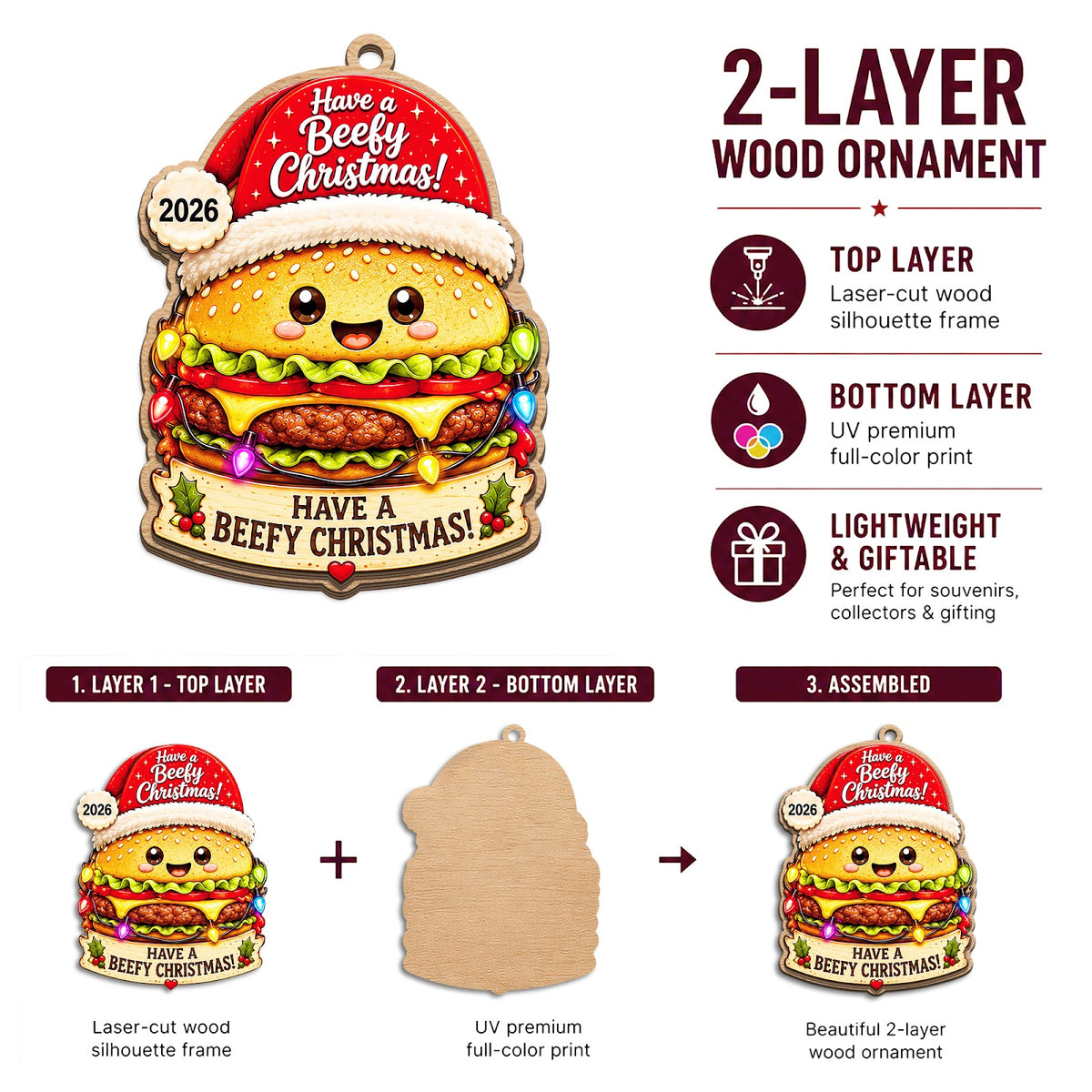 Cheeseburger Wood Christmas Ornament
