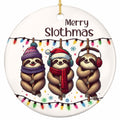 Three Sloths Hanging From a Branch in Bobble Hats and Headphones Under Strings of Bulbs. Ceramic Keepsake.
