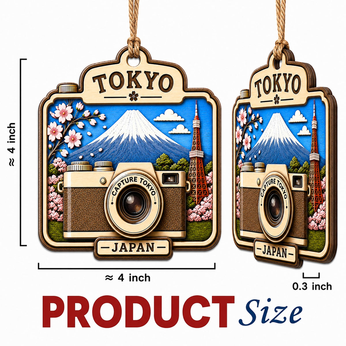 Tokyo Camera Christmas Ornament, Japan Skyline Photographer Travel Gift, Wood Tree Decoration