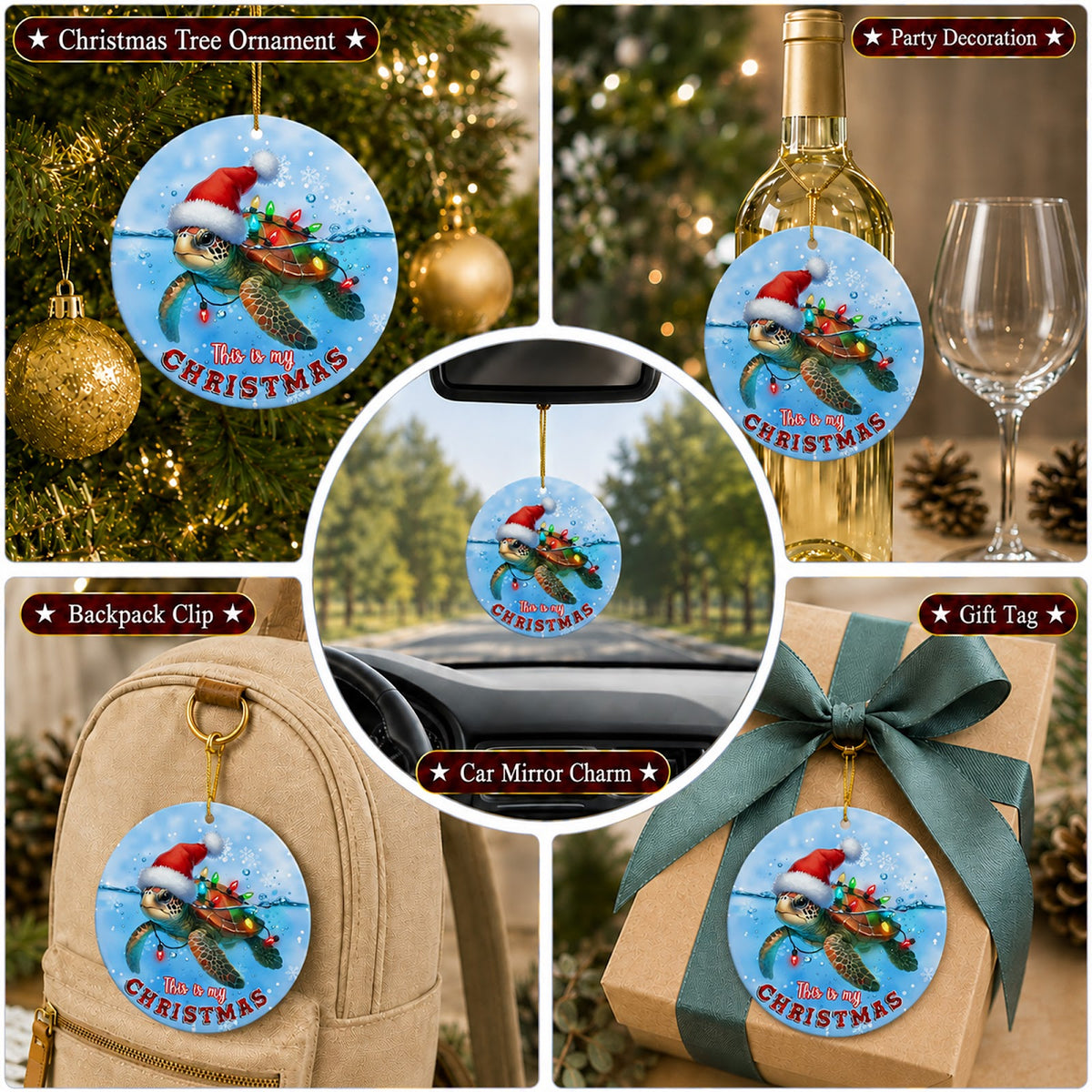 Sea Turtle Christmas Ornament, Coastal Beach Ocean Gift, Ceramic Hanging Tree Decoration