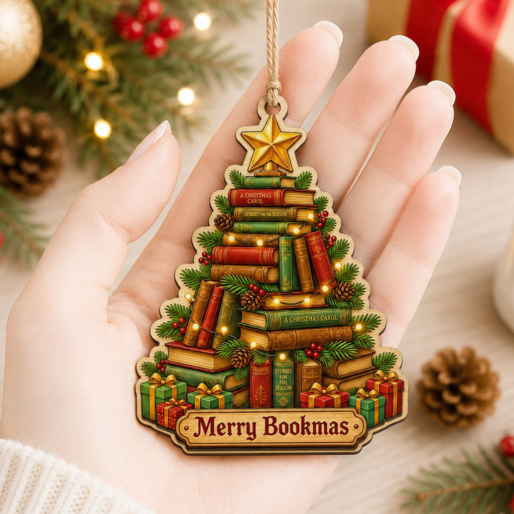 Book Tree Reader Library Lover Christmas Ornament, Reading Lover Keepsake, Wood Tree Decoration