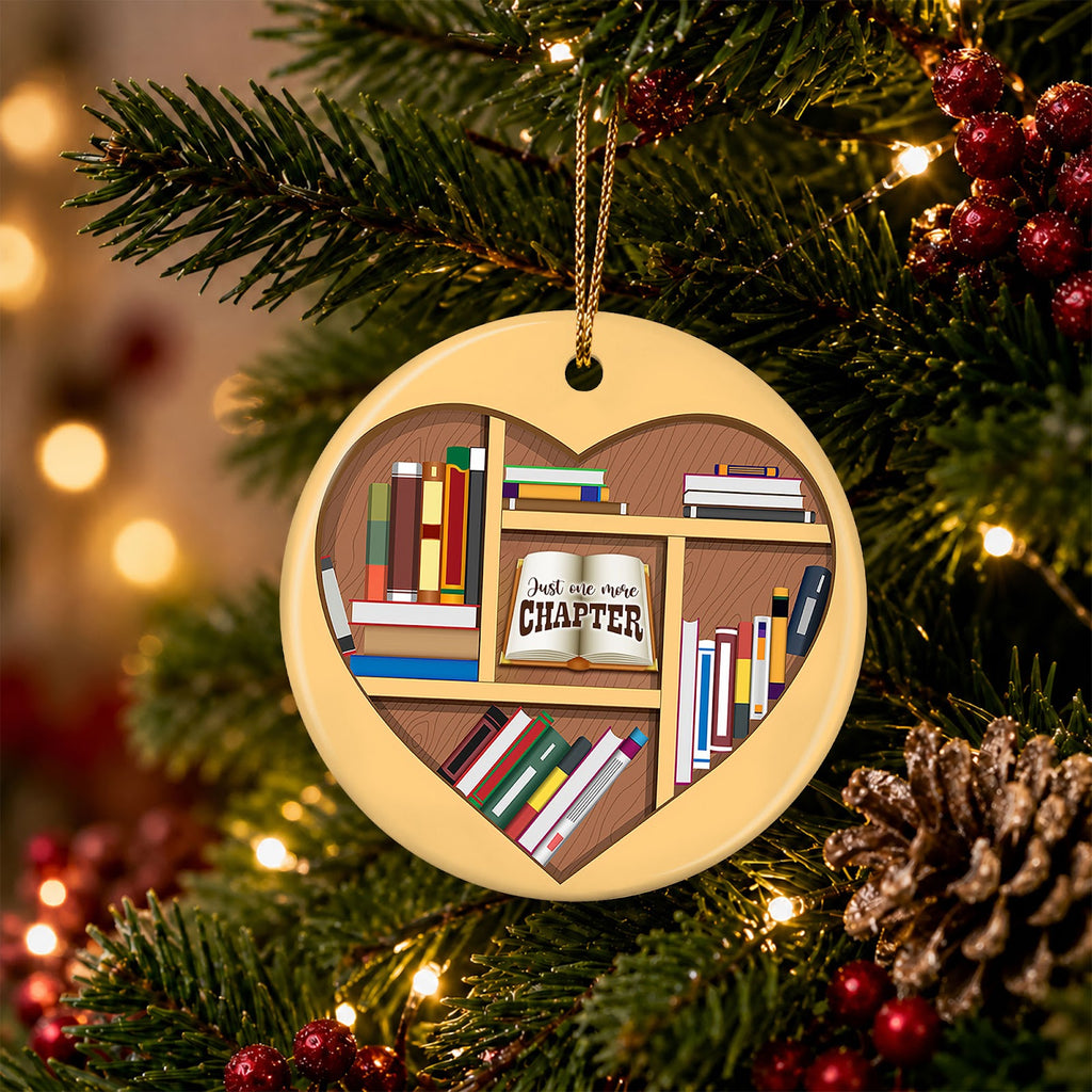 Book Lover Christmas Ornament, Heart Bookshelf Reader, Ceramic Hanging Tree Decoration