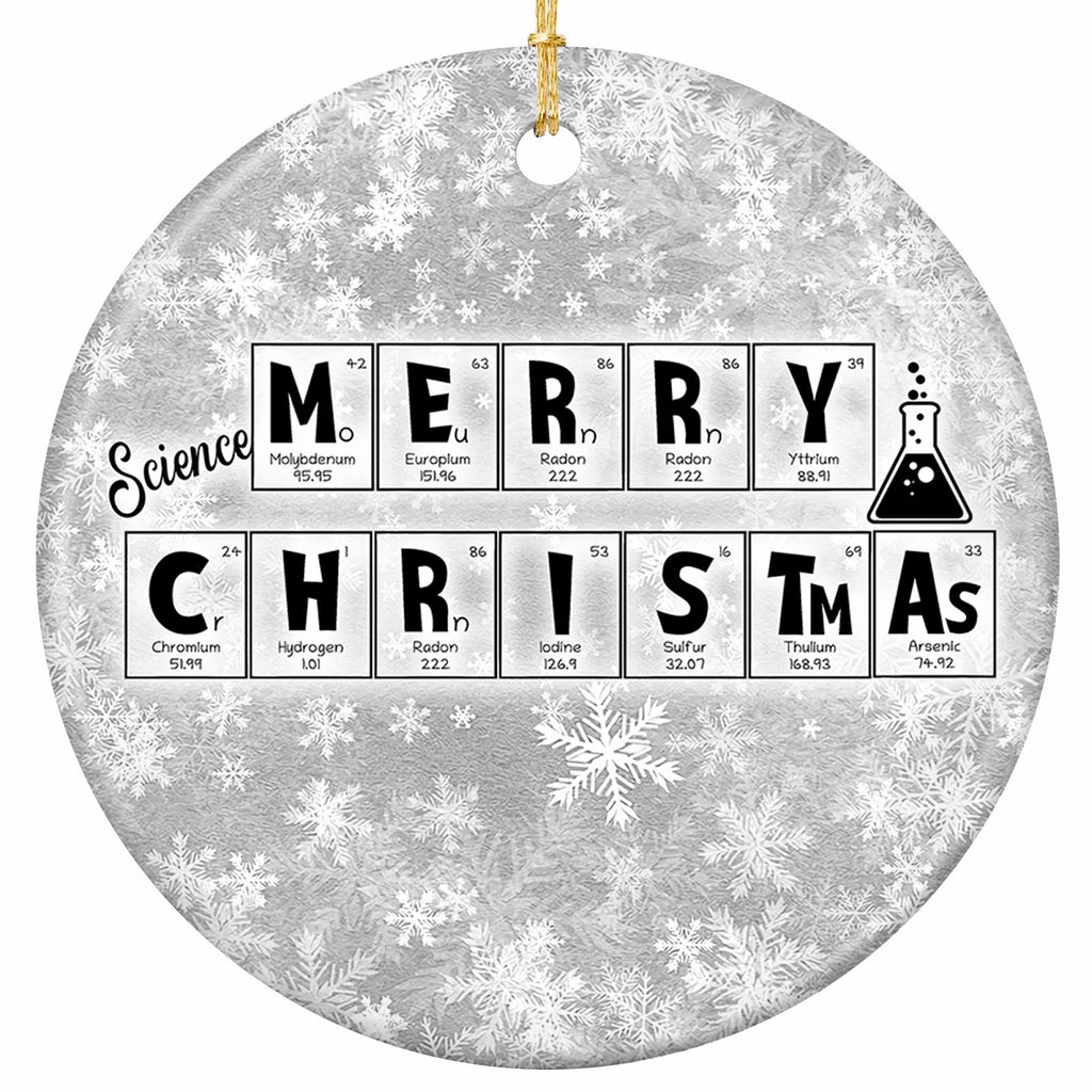 The Greeting Spelled Entirely in Periodic Table Element Tiles Beside a Bubbling Flask. Ceramic Keepsake for Chemists.