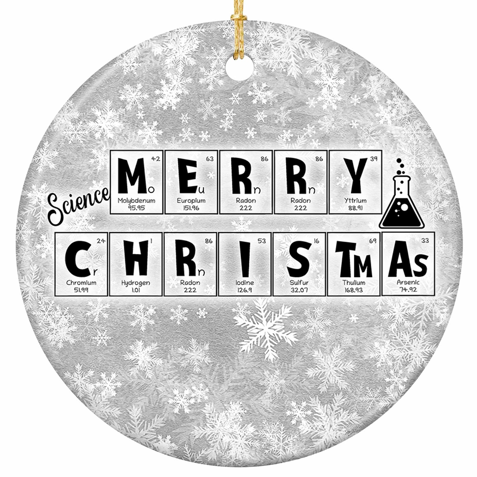 The Greeting Spelled Entirely in Periodic Table Element Tiles Beside a Bubbling Flask. Ceramic Keepsake for Chemists.