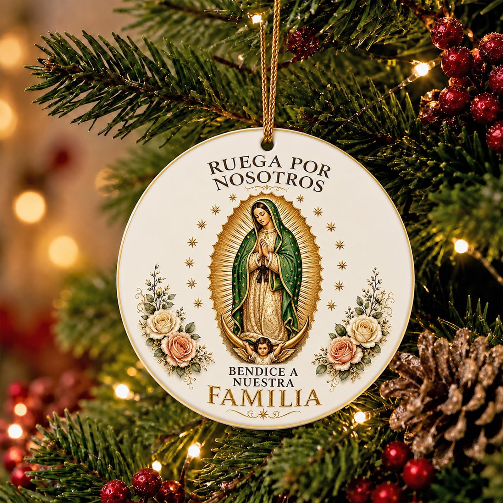 Virgen de Guadalupe Christmas Ornament, Catholic Family Blessing Gift, Ceramic Tree Decoration