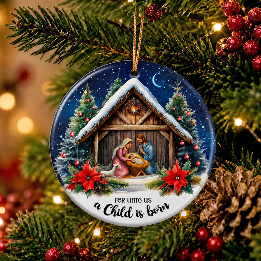 Nativity Christmas Ornament, Snowy Stable Manger Faith Gift, Ceramic Hanging Tree Decoration