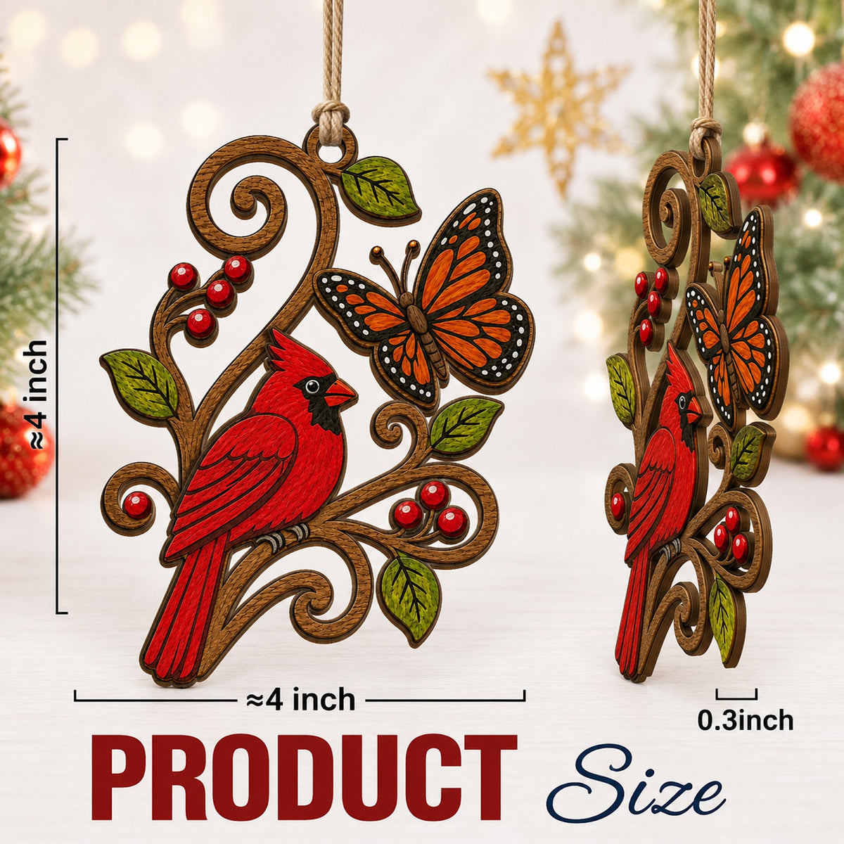 Cardinal Butterfly Christmas Ornament, Nature Gift For Bird Lover, Wood Hanging Tree Decoration