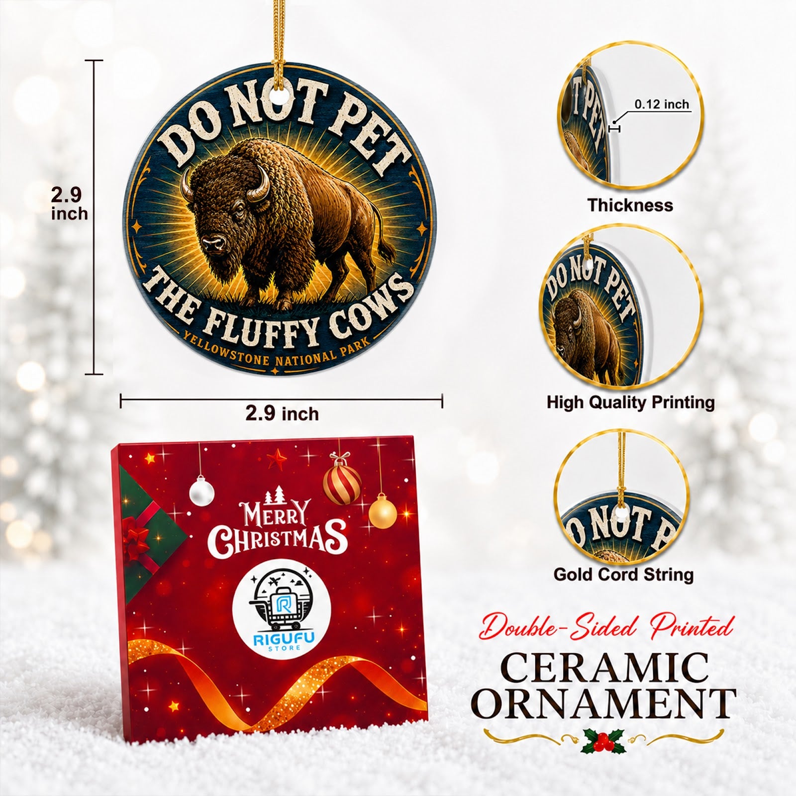 Do Not Pet the Fluffy Cows Christmas Ornament, Funny Bison Souvenir Gift, Ceramic Ornament