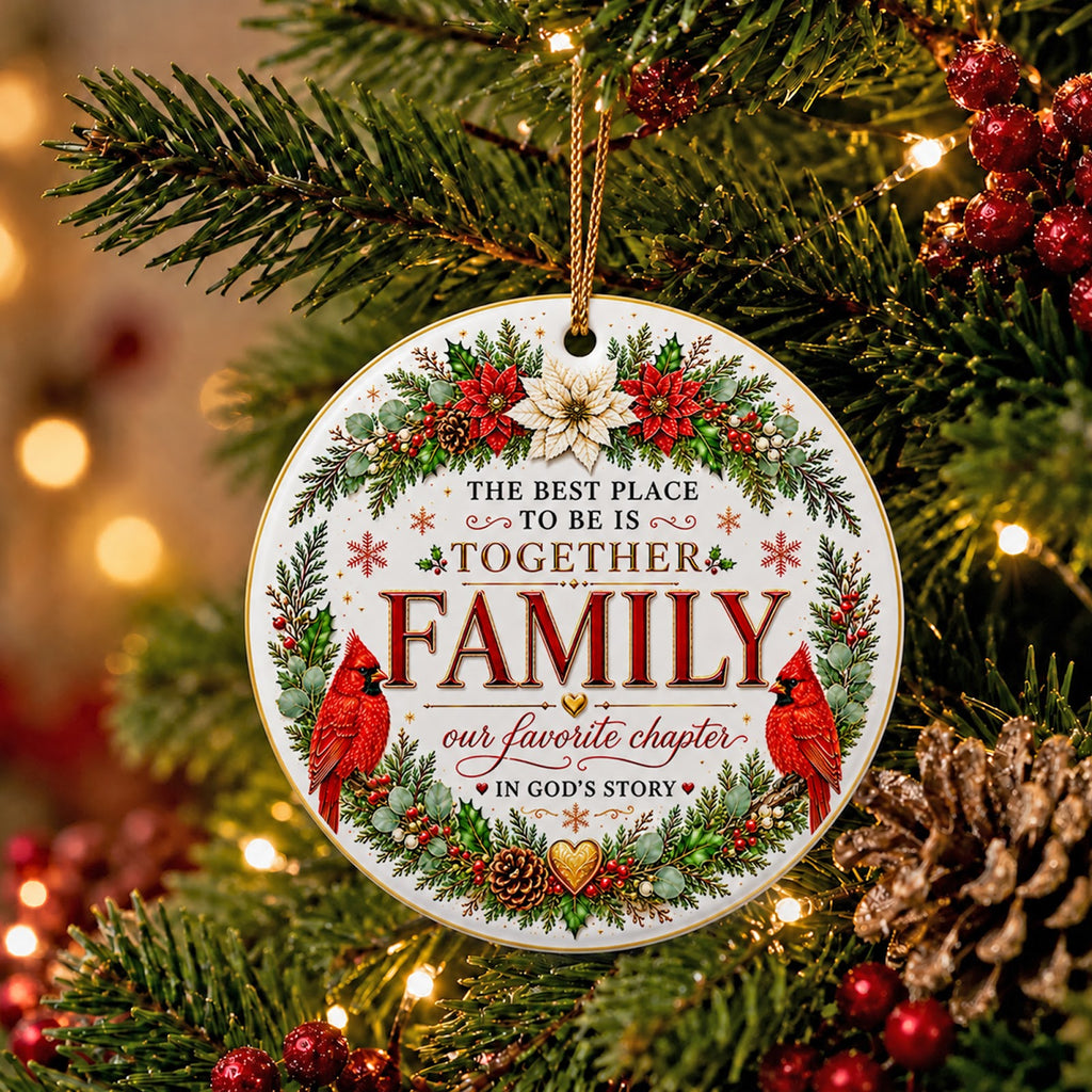 Family Together Cardinals Christmas Ornament, Christian Family Gift, Ceramic Tree Decoration