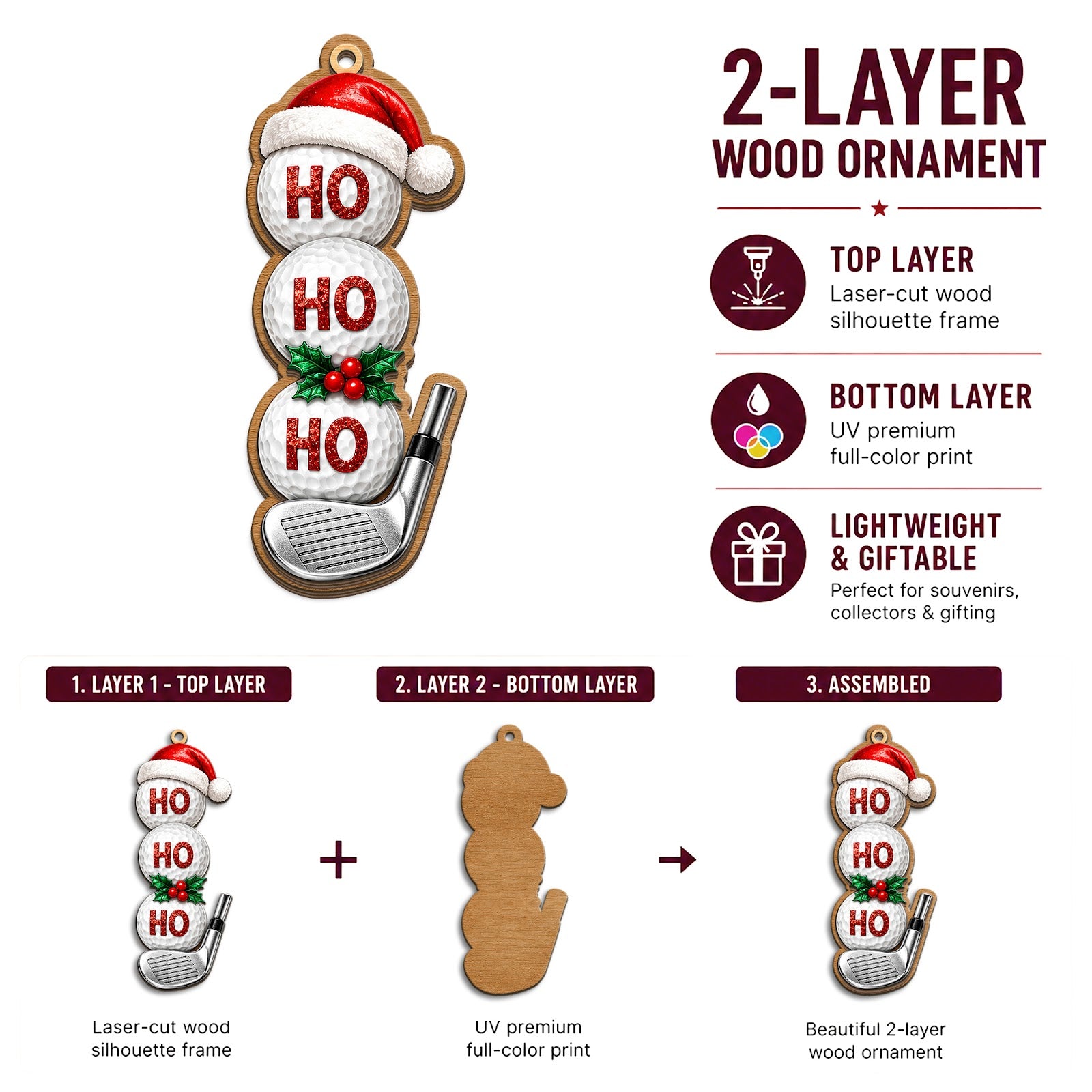 Golf Ball Snowman Wood Christmas Ornament