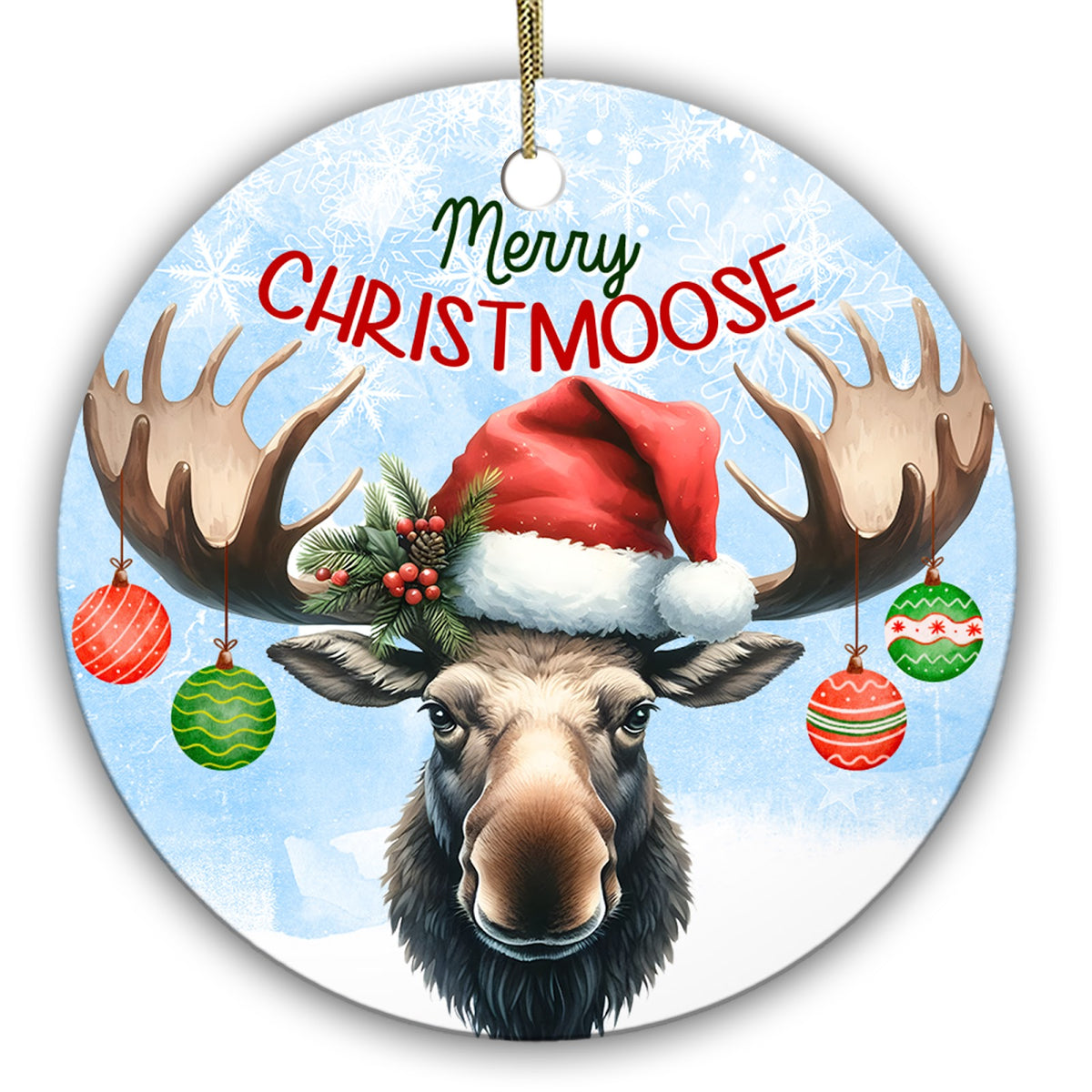 Broad-Antlered Moose in a Santa Hat With Baubles Hanging From the Tines. Ceramic Keepsake for Cabin Decor.