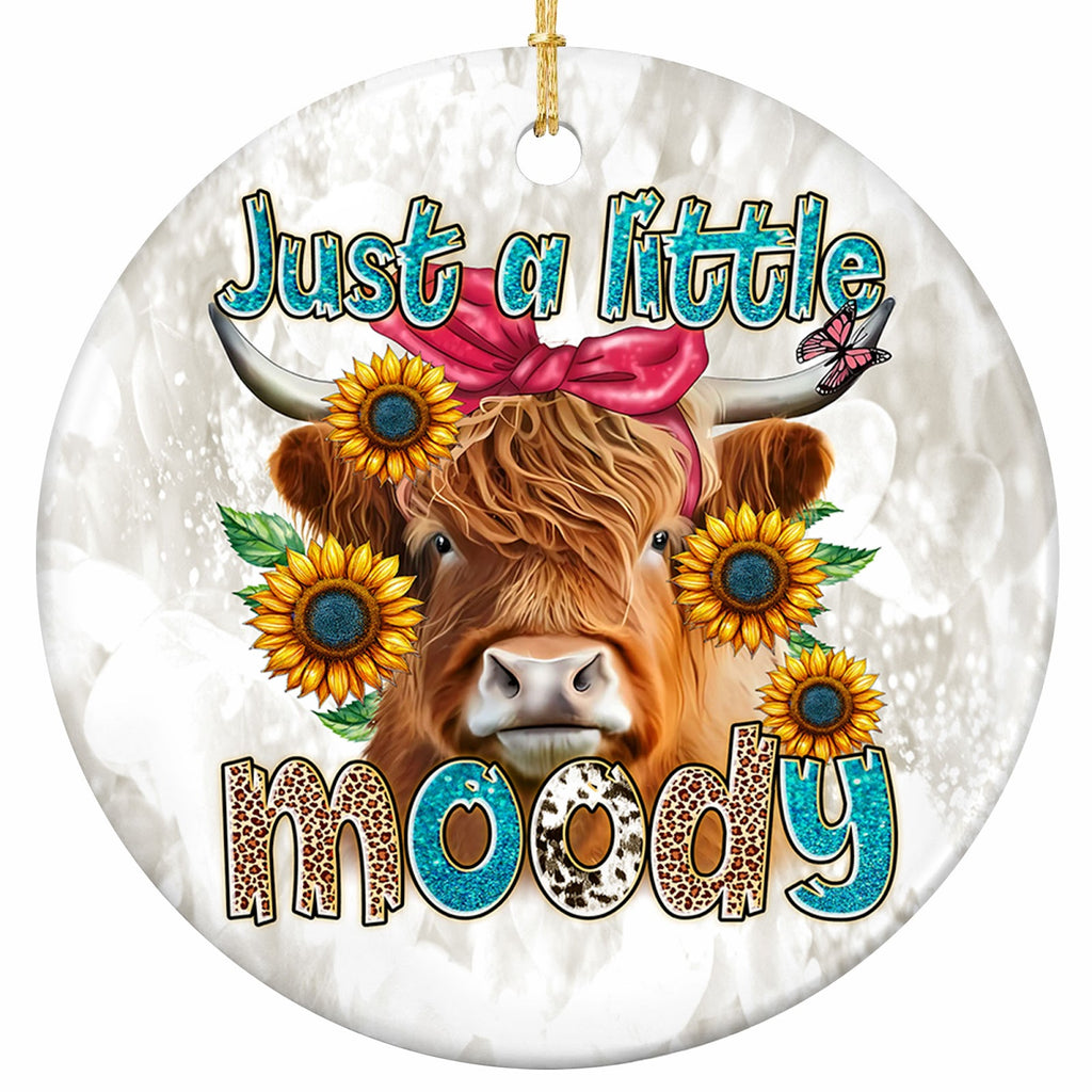 Shaggy Highland Cow in a Hot Pink Bandana Ringed by Sunflowers and a Butterfly. Ceramic Keepsake.