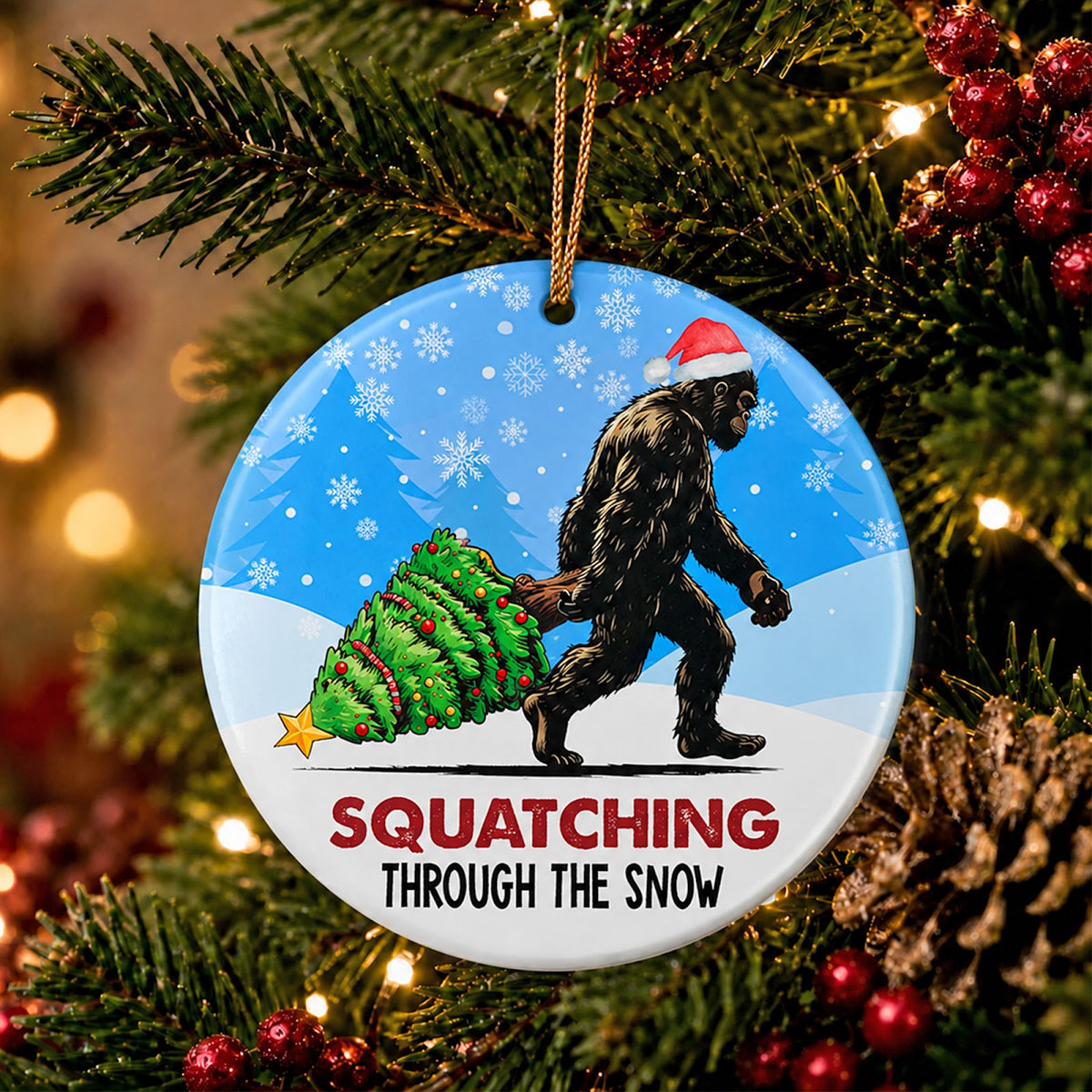 Bigfoot Christmas Ornament, Funny Tree Dragging Novelty Gift, Ceramic Hanging Tree Decoration