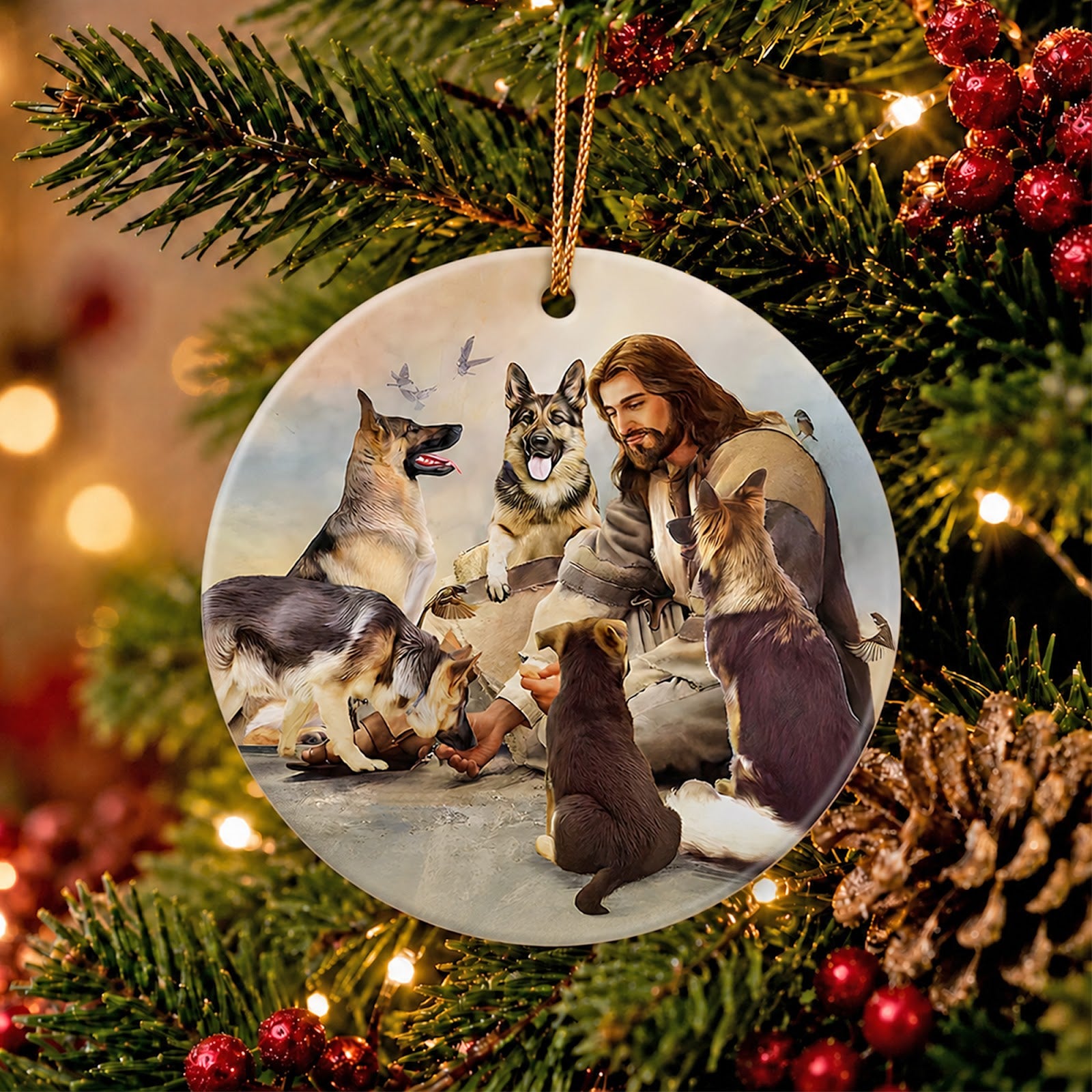 Dog Christmas Ornament, German Shepherd Faith Memorial Gift, Ceramic Hanging Tree Decoration