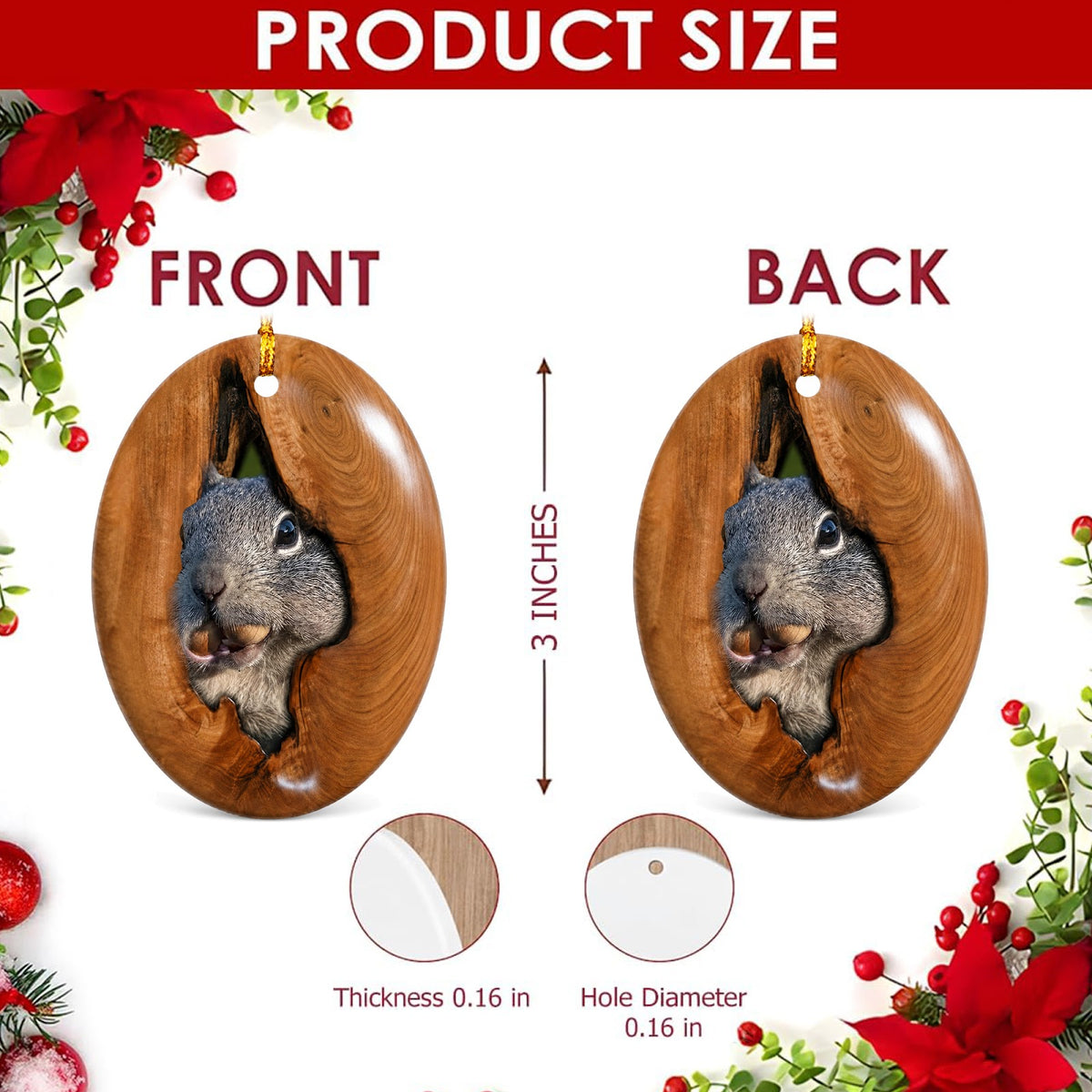 Squirrel Christmas Ornament, Tree Hollow Woodland Gift, Ceramic Hanging Tree Decoration