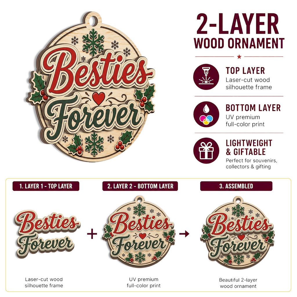 Bestie Forever Christmas Ornament, Friendship Stocking Stuffer, Wood Hanging Tree Decoration