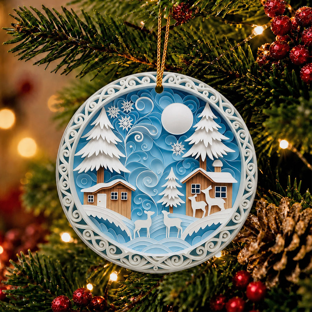 Cabin Christmas Ornament, Snowy Village Deer Woodland Gift, Ceramic Hanging Tree Decoration