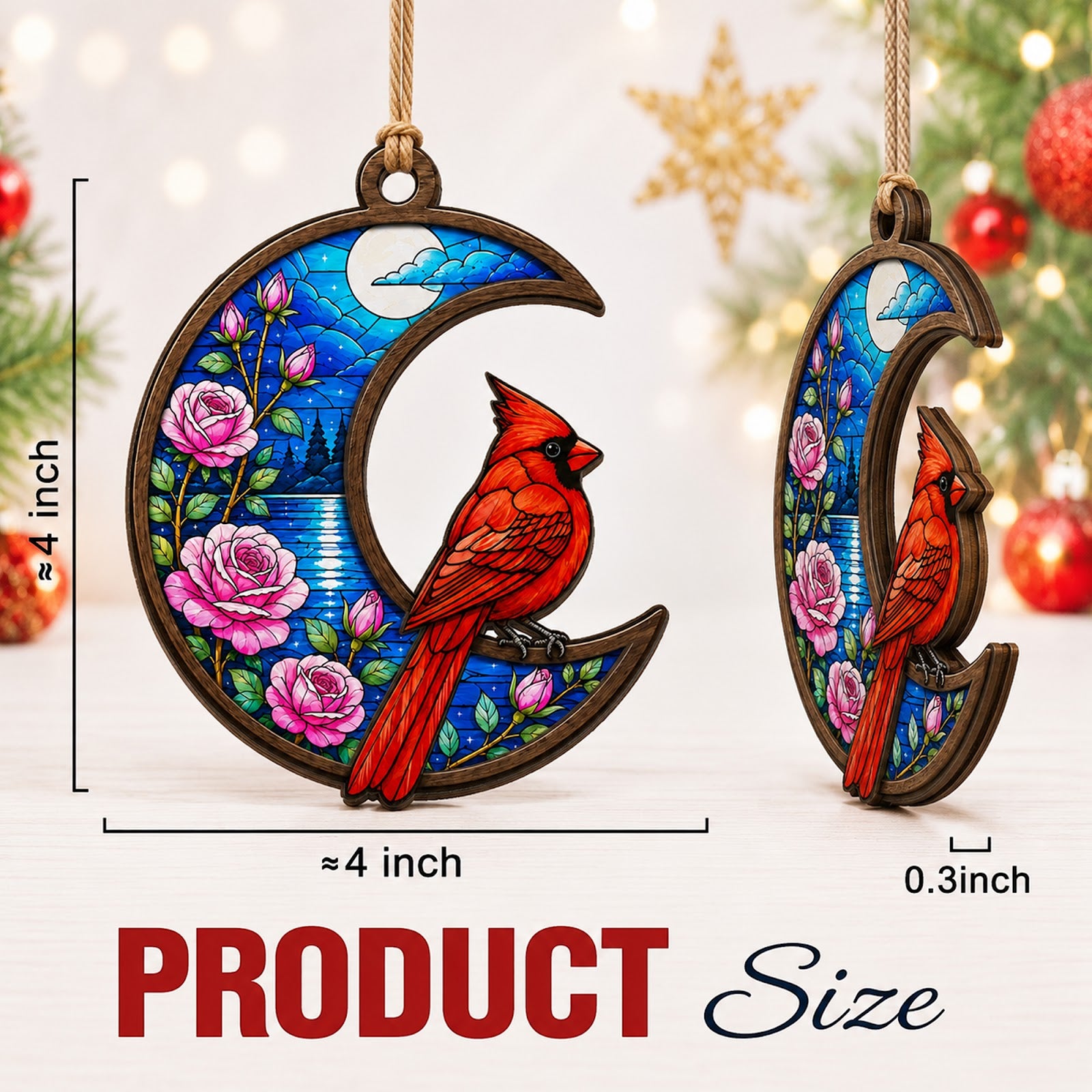 Cardinal Moon Christmas Ornament, Bird Lover Holiday Gift, Wood Hanging Tree Decoration