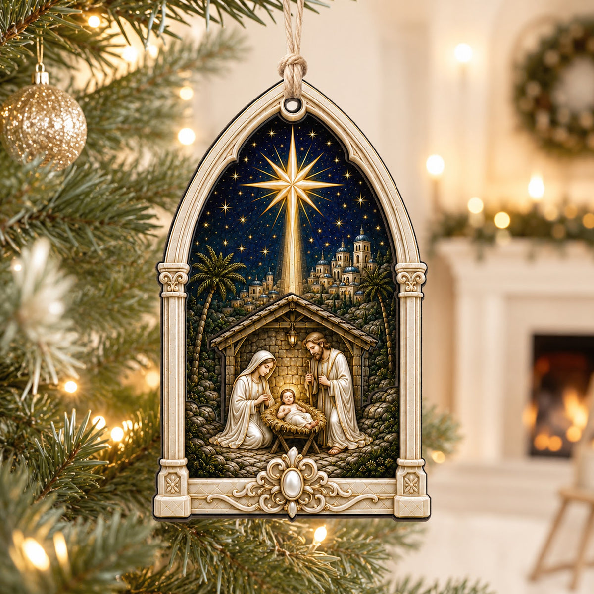 Bethlehem Star Christmas Ornament, Religious Gift, Wood Hanging Tree Decoration