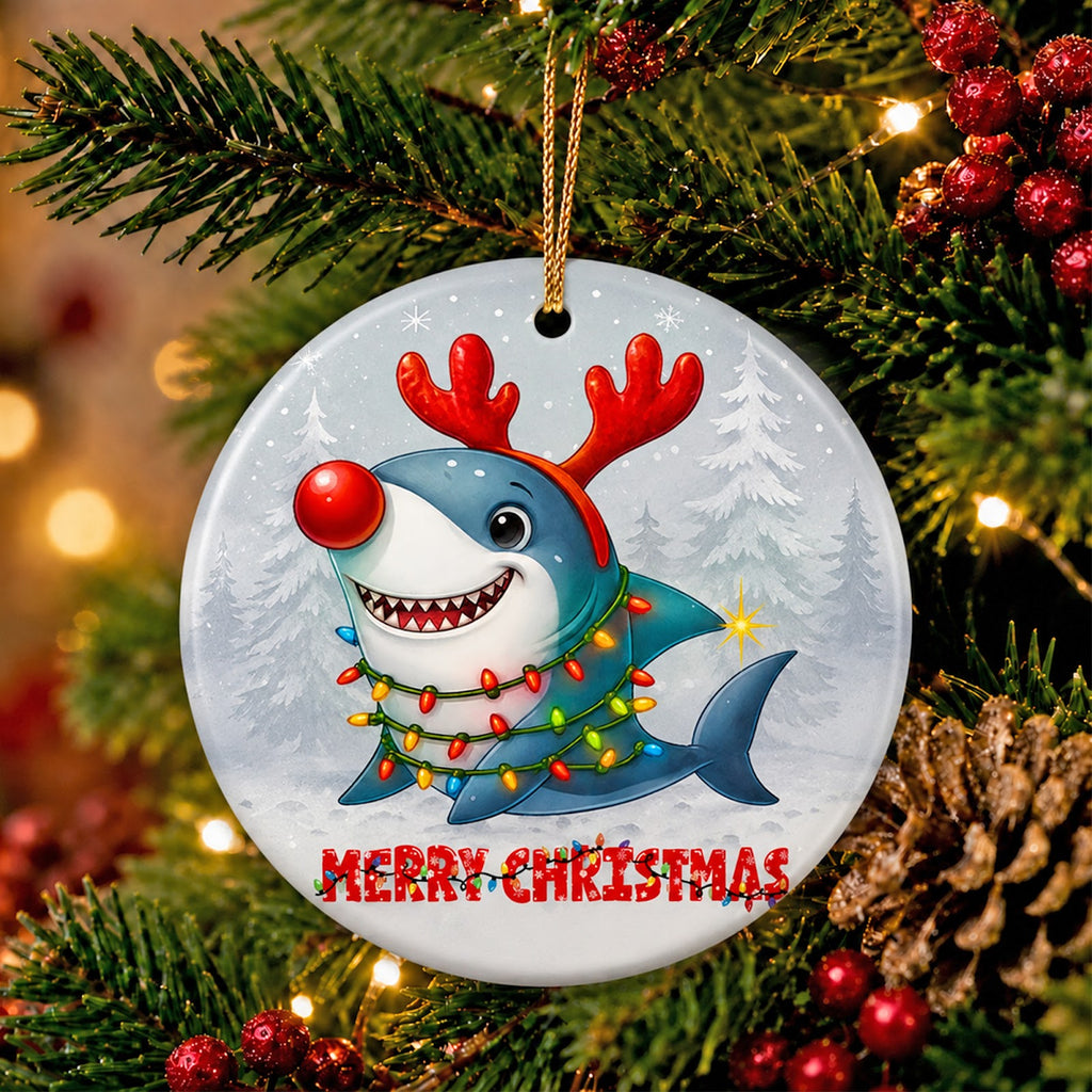 Shark Christmas Ornament, Funny Festive Antlers Kids Gift, Ceramic Hanging Tree Decoration