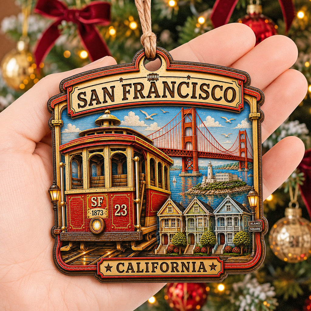 San Francisco Christmas Ornament, Golden Gate Bridge Souvenir Gift, Wood Tree Decoration