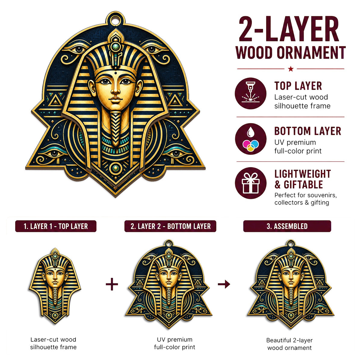Pharaoh Egypt Ancient History Christmas Ornament, Ancient Egypt Keepsake, Wood Tree Decoration