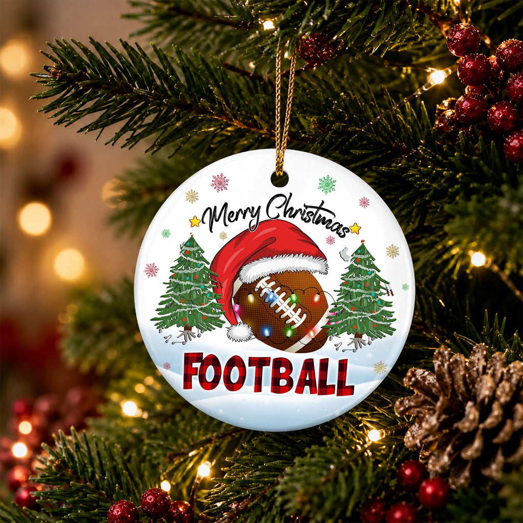 Football Christmas Ornament, Ball In A Santa Hat Gift, Ceramic Hanging Tree Decoration