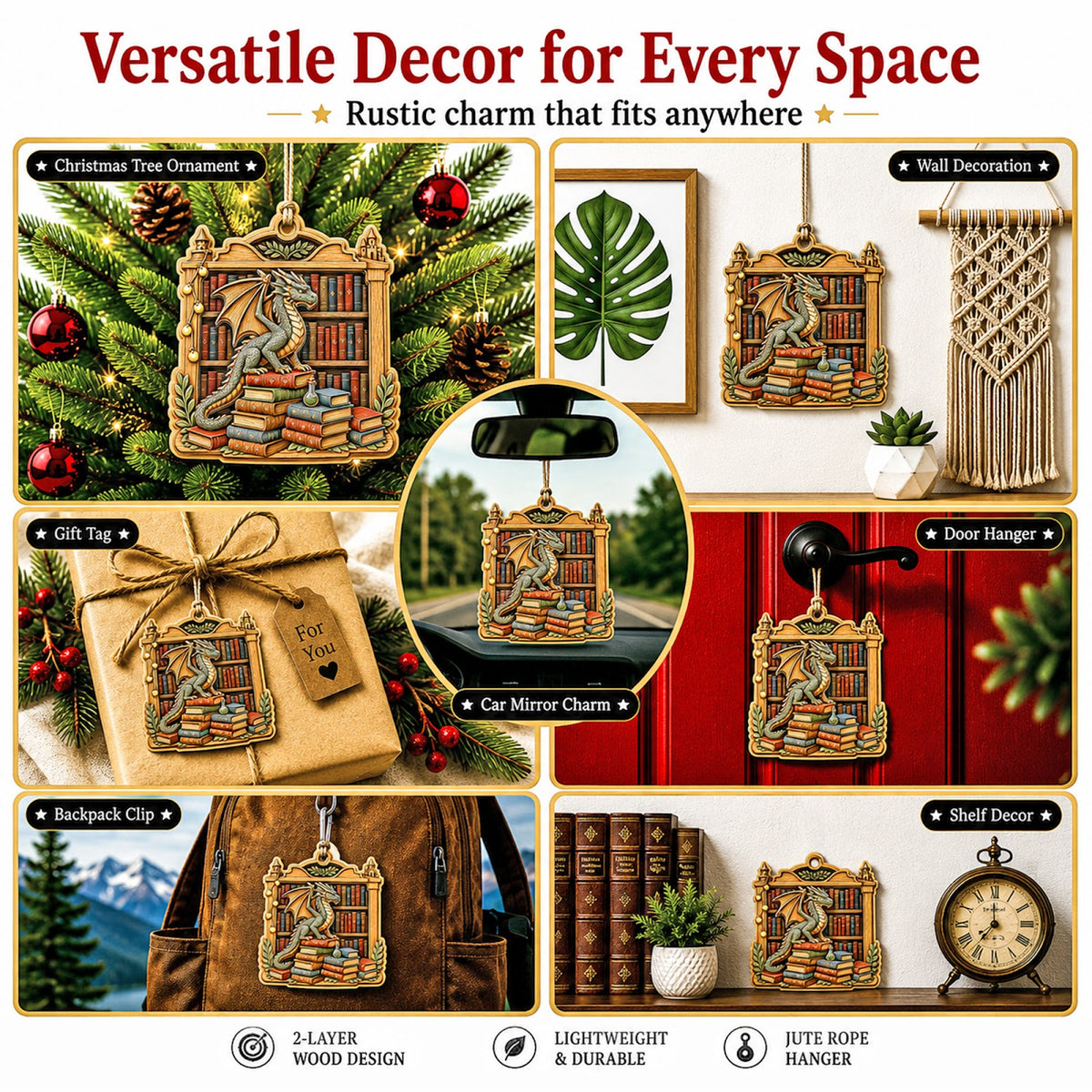 Dragon Love Book Fantasy Magic Christmas Ornament, Dragon Reader Keepsake, Wood Tree Decoration