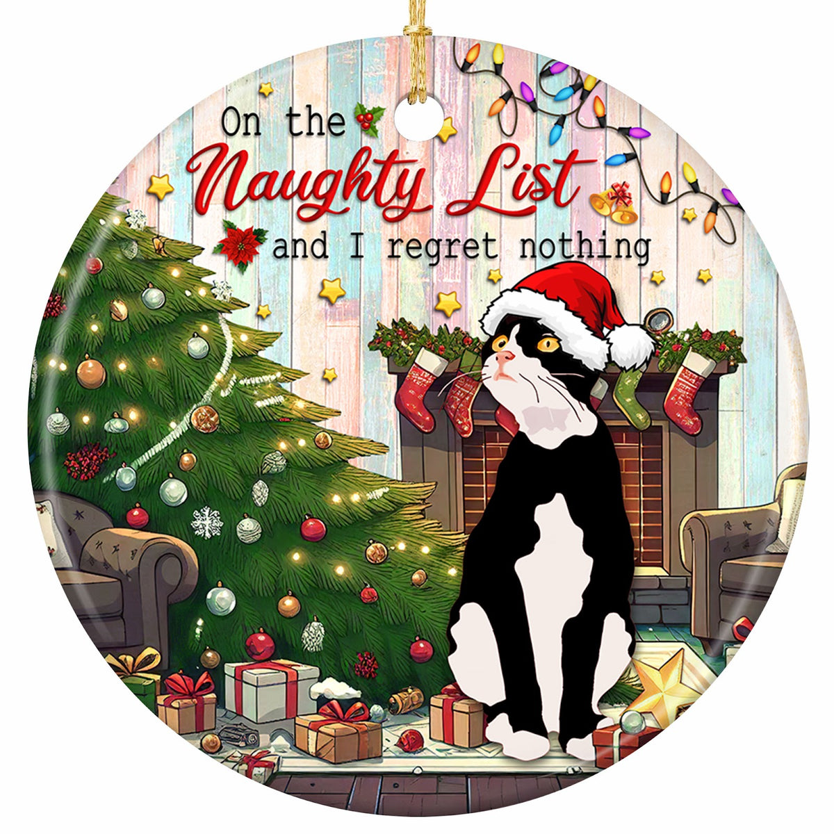 A Smug Tuxedo Cat in a Santa Hat Beside a Lit Tree and a Stocking-Hung Fireplace. Ceramic Keepsake.