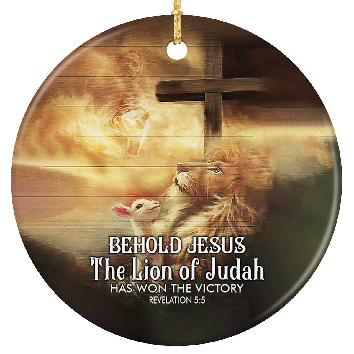 Lion and Lamb Standing Side by Side Looking Up at a White Dove and a Wooden Cross. Ceramic Keepsake.