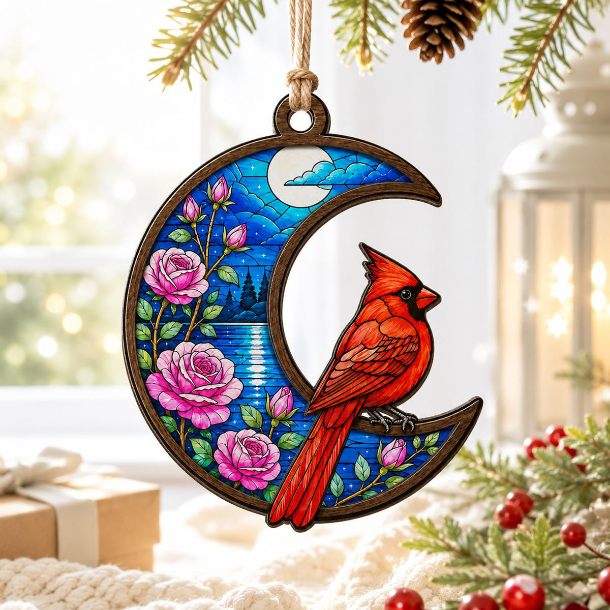 Cardinal Moon Christmas Ornament, Bird Lover Holiday Gift, Wood Hanging Tree Decoration