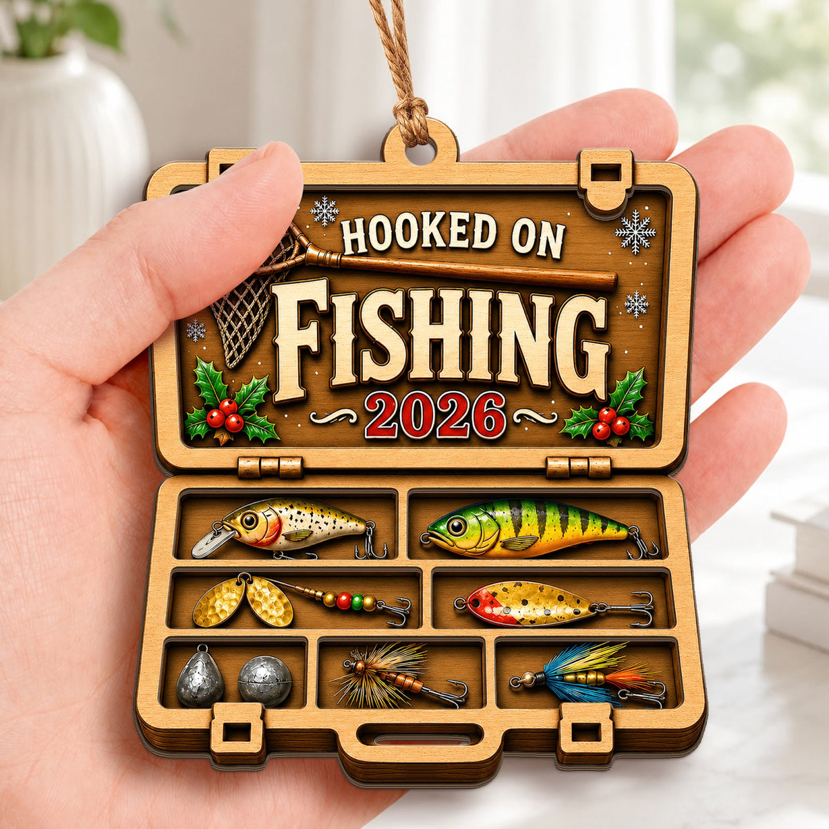 Hooked On Fishing Bass Angler Christmas Ornament, Stocking Stuffer For Fisherman, Wood Ornament