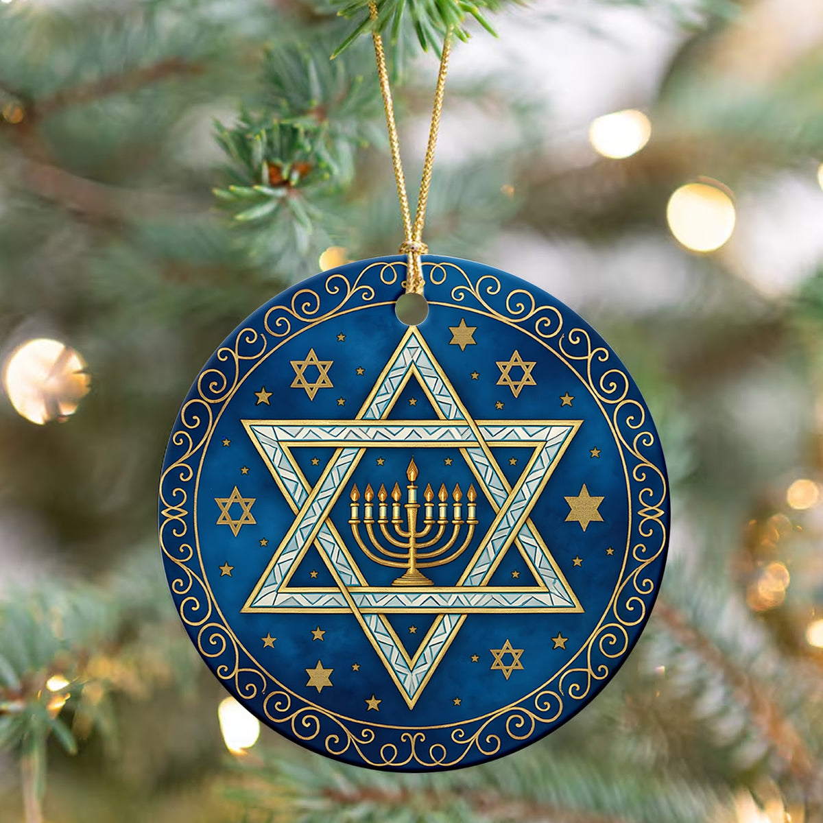 Hanukkah Christmas Ornament, Star Of David Menorah Jewish Gift, Ceramic Hanging Tree Decoration